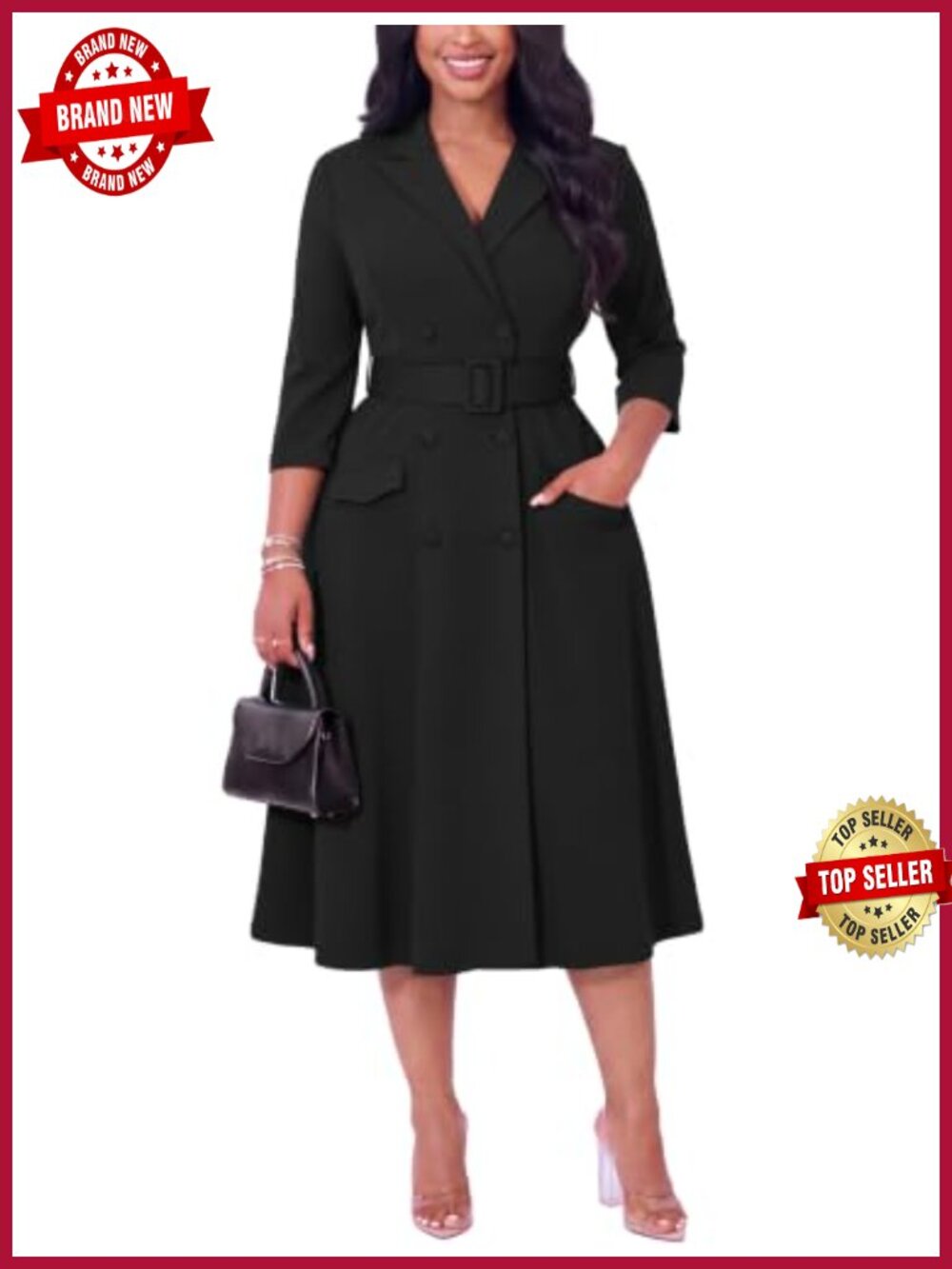 3/4 Sleeve Button Down Work Dress with Belt A-Line Midi